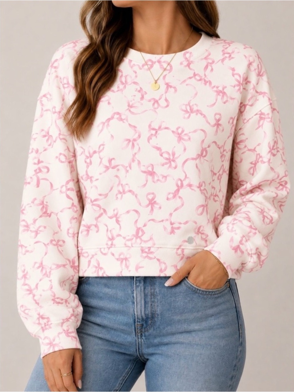 AS Revival Pink Bow Print Cropped Sweatshirt Scuba Pullover